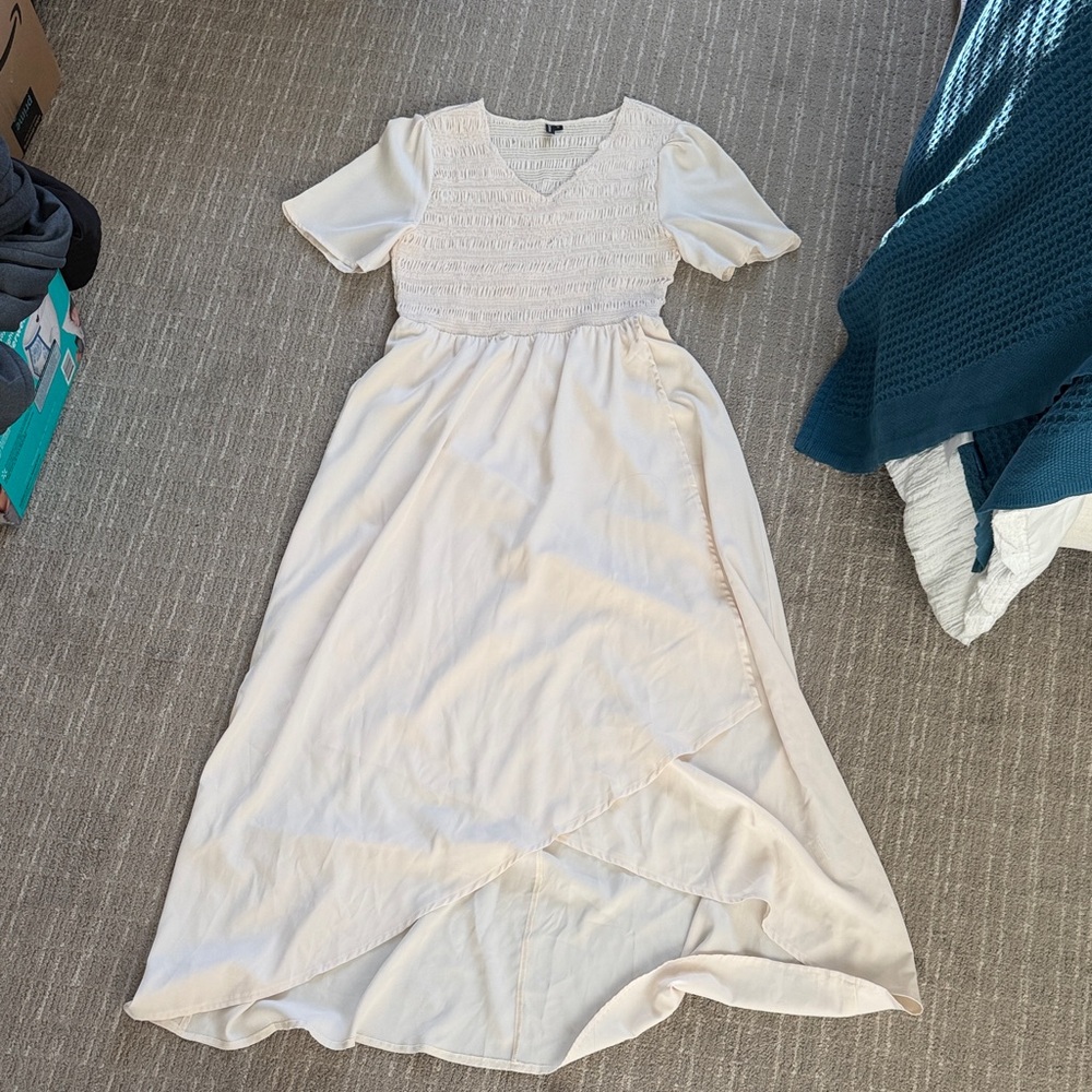 Smocked Bodice Cream Maxi Dress with Puff Sleeves
